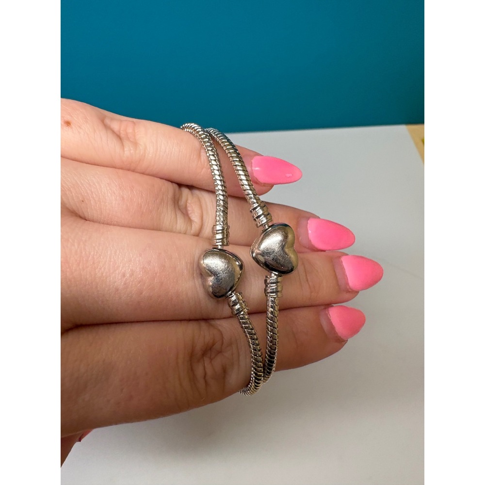 Set of 2 Silver Heart Clasp Snake Chain Charm Bracelets 7 Inch
